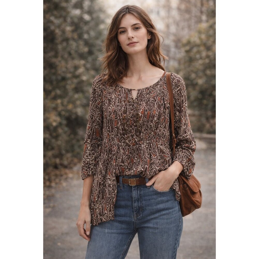Two Star Dog Women’s Boho Babydoll Blouse Medium Brown Cream Print Flowy Top
